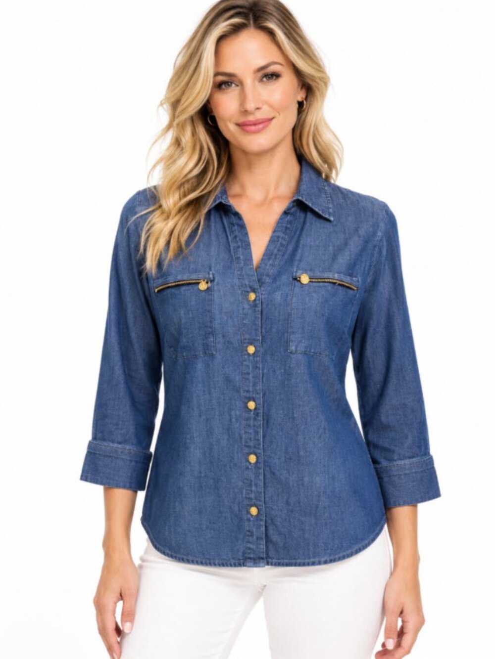 Anne Klein Blue Button Down Denim Shirt Size Medium Classic Fit Preppy Chic